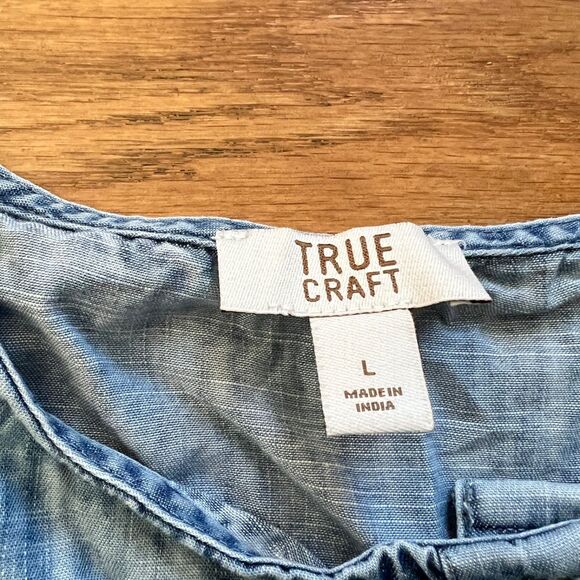 True Craft Dress Women's Size L Chambray Blue Sleeveless Button Up Tie Back - Picture 3 of 7
